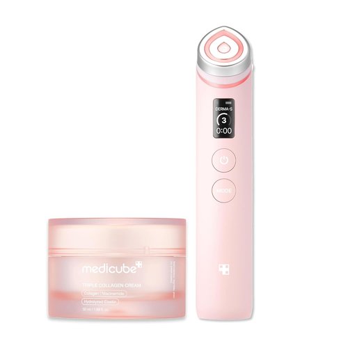 Medicube Plump Up The Glow Device Duo - Booster Pro Pink & Triple Collagen Cream | Hydrating, Lightweight Moisturizer for Firmer, Plumper Skin | Korean Skincare