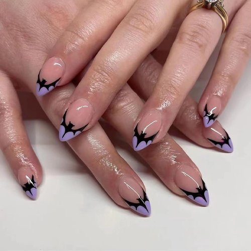 24 Pcs Halloween Press on Nails Short Almond - BHLFRH Nude Pink Acrylic Fake Nails Press ons Purple French Nail Art Tips Glue on Nails Bat Design Full Cover Glossy False Nails Stick on Nails Women