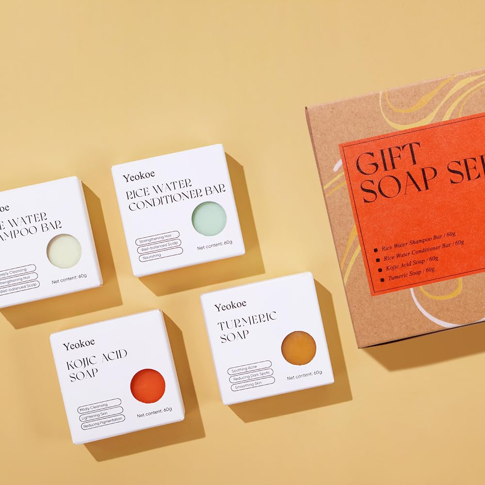Yeokoe Turmeric Soap Bar & Rice Water Shampoo Conditioner Set - Deep Cleansing, Spa Gifts for Women