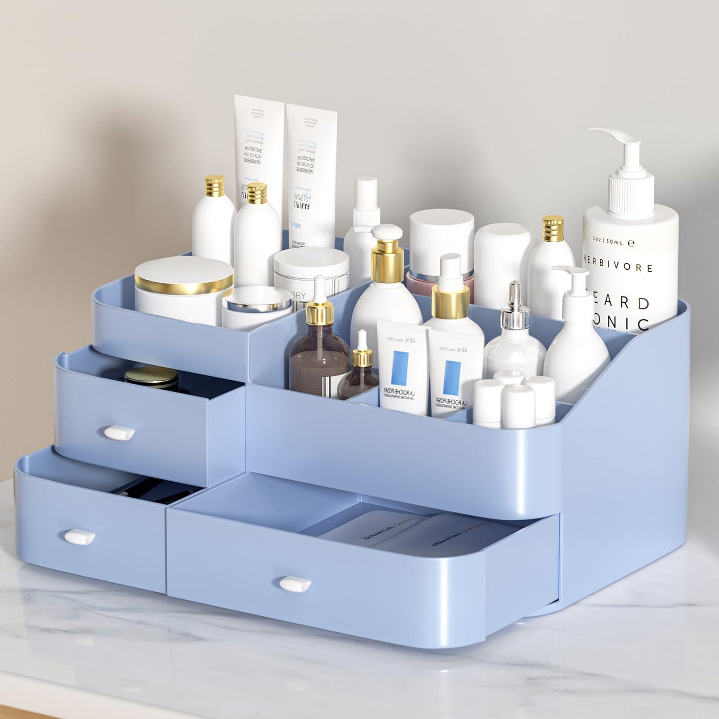 MIUOPUR Makeup Organizer for Vanity, Large Capacity Desk Organizer with Drawers for Cosmetics, Lipsticks, Jewelry, Nail Care, Skincare, Ideal for Bedroom and Bathroom Countertops - Large Blue