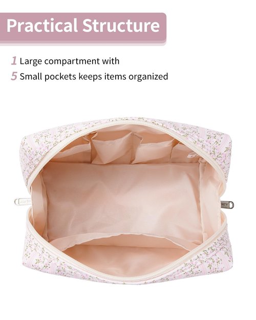 Narwey Cute Floral Makeup Bag - Travel Cosmetic Organizer with Compartments for Women | Large Pink Flower Buds