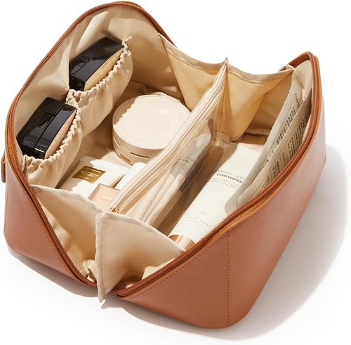 EACHY Travel Makeup Bag - Large Capacity Waterproof PU Leather Cosmetic Organizer for Skincare & Essentials