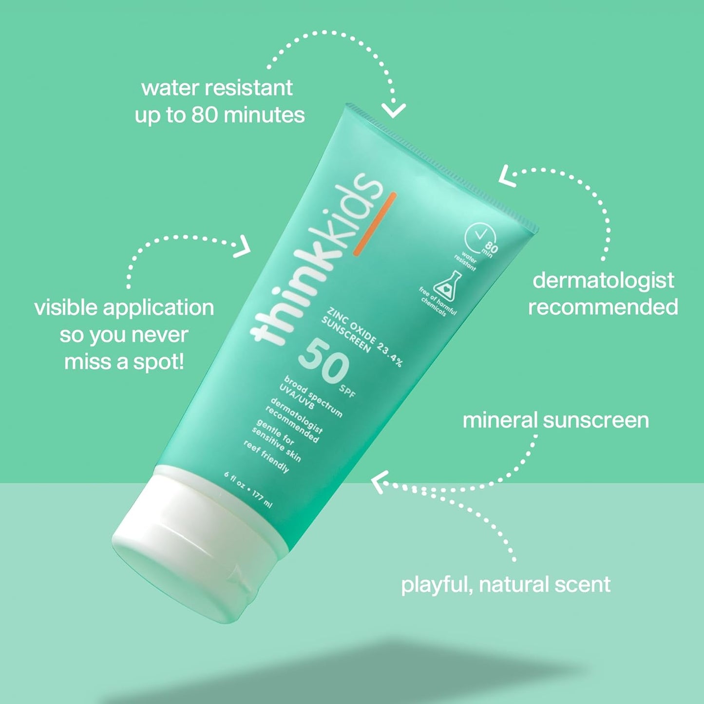 Thinkkids SPF 50+ Mineral Sunscreen - Safe & Natural Water-Resistant Sun Cream for Children - 6 Fl Oz