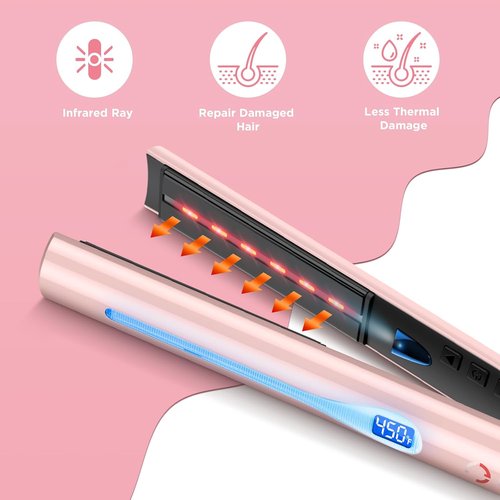 IG INGLAM Titanium Flat Iron Hair Straightener - 1 Inch Infrared Curling Iron | Dual Voltage 110-240V, Pink