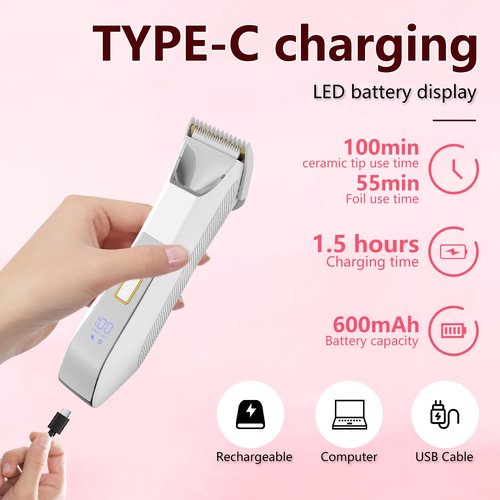 2-in-1 Electric Bikini Trimmer for Women, Dual Head Shaver for Body & Pubic Hair, Painless Smooth, No-Nick Shaving, IPX7 Waterproof, Lightweight with Travel Lock, LED Display