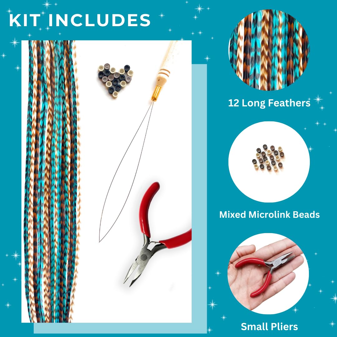 Feather Hair Extensions Kit, Contains Real Rooster Feathers, Loop Tool, Microlink Beads, and Small Pliers- Long Natural Colors with Turquoise Accessories