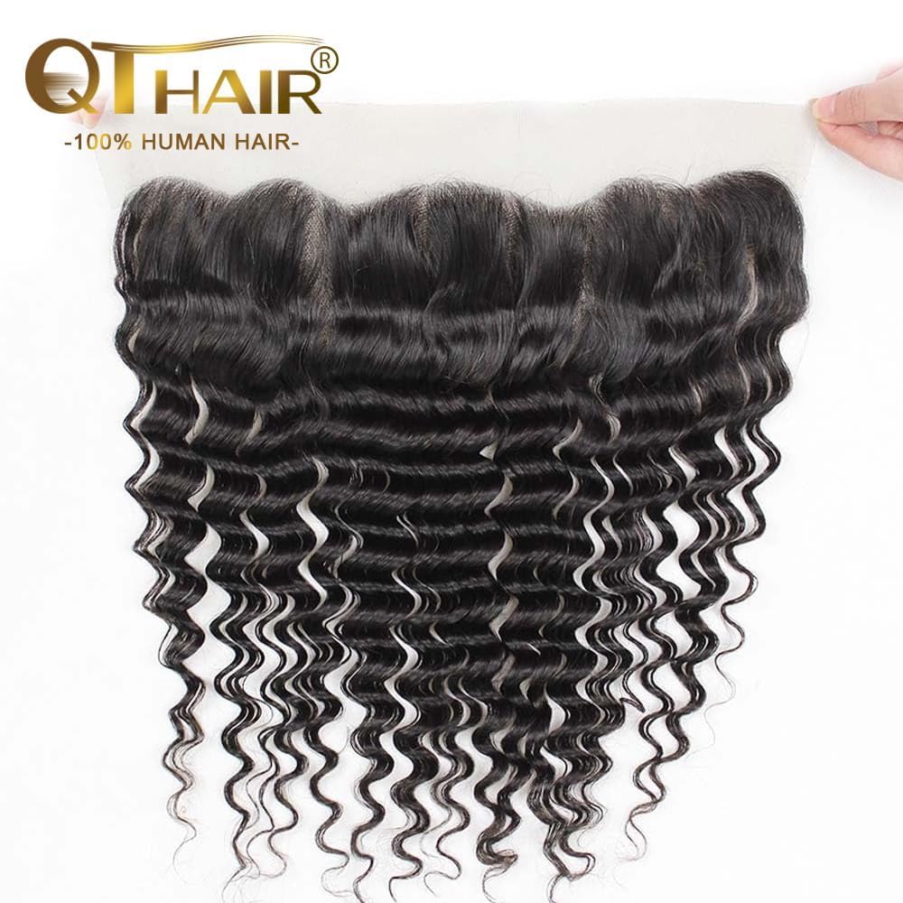 QTHAIR 14A Brazilian Virgin Hair Deep Wave Human Hair Transparent HD Lace Frontal Closure(10" 13x4 Frontal,Natural Black) 100% Ear to Ear Swiss Lace Deep Wave Frontal Brazilian Deep Wave Hair