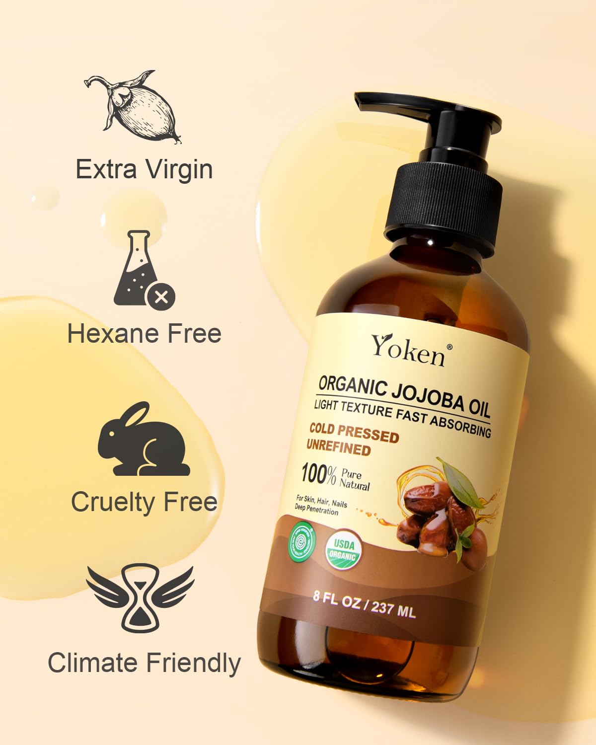 Yoken Organic Jojoba Oil - 100% Pure & Natural Cold Pressed Serum | 8 fl oz Glass Bottle for Hair, Skin & Face