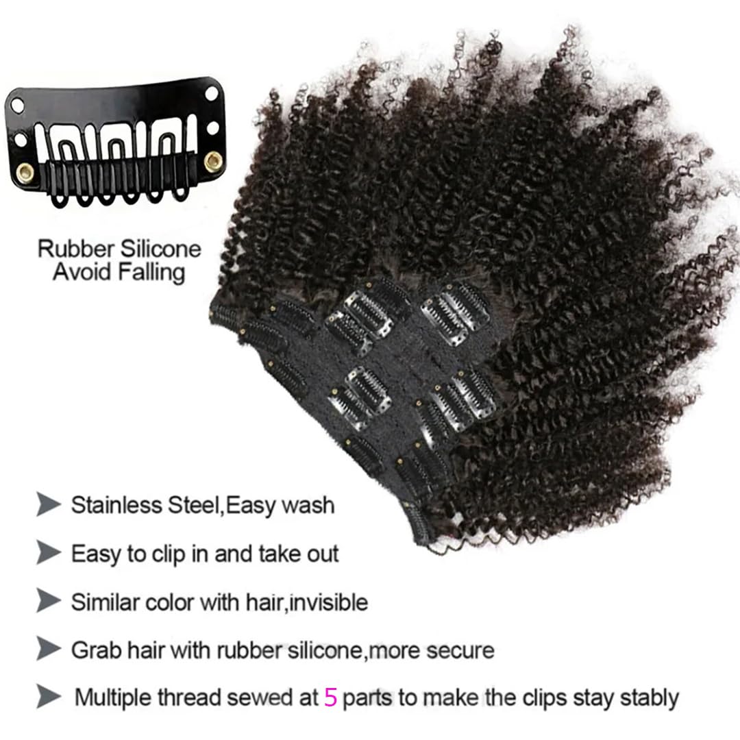 SAEIALL Hair Mongolian Afro Kinky Curly Clip In Hair Extensions 120g/bundle Clip On Hair Mongolian Virgin Remy Human Hair 4C Afro Kinky Clip Ins (8inch, natural black)