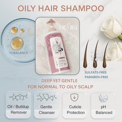 Demiki Shampoo for Women - Organic Rose Scent, Moisturizing & Volumizing for Oily Hair | 450ml (16oz)