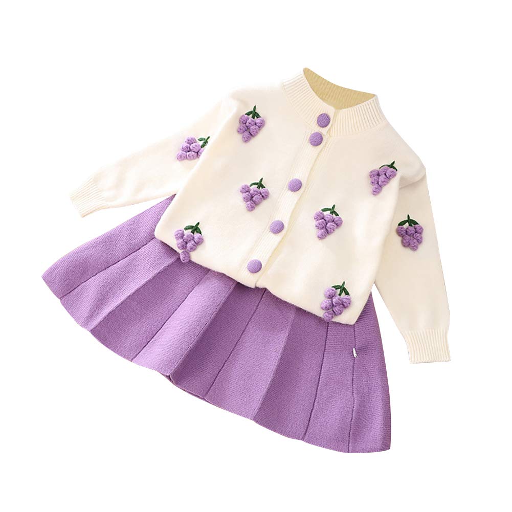 Toddler Baby Girls Autumn Winter Clothes Crochet Knitted Button up Long Sleeve Ruffle Bowknot Sweater Tops+Pleated Mini Tutu Skirt 2pcs Outfit Princess Dress up Costume for Kids Purple 4-5 Years