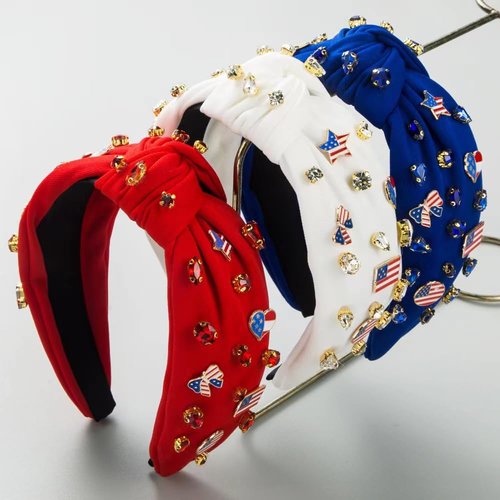 4th of July American Flag Star Charm Headband for Women Blue Crystal Top Knotted Blue Headband Patriotic American Map Heart Butterfly Charm Wide Hairband (14.7butterfly heart-blue)
