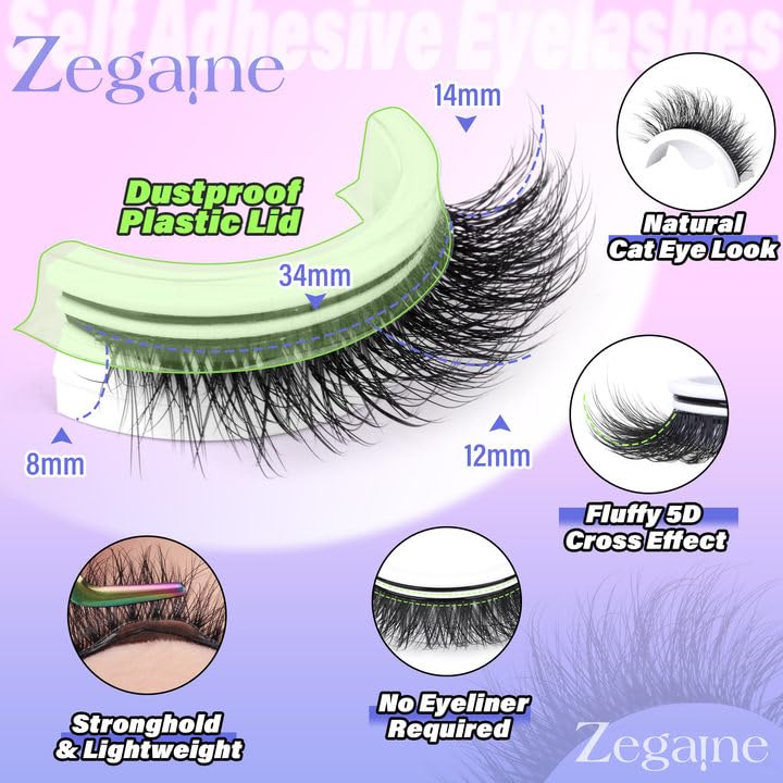 Natural Self Adhesive Lashes Cat Eye Lashes Wispy Self Adhesive Eyelashes No Glue Needed D Curl Reusable Fluffy Strip Lashes without Eyeliner Cat Eye False Eyelashes Natural Look 5 Pairs by Zegaine