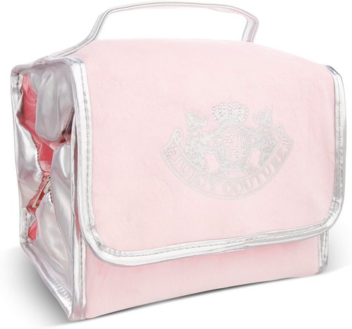 Juicy Couture Pink Makeup Bag - Stylish Cosmetics Organizer with Hanging Hook & Rhinestone Crown