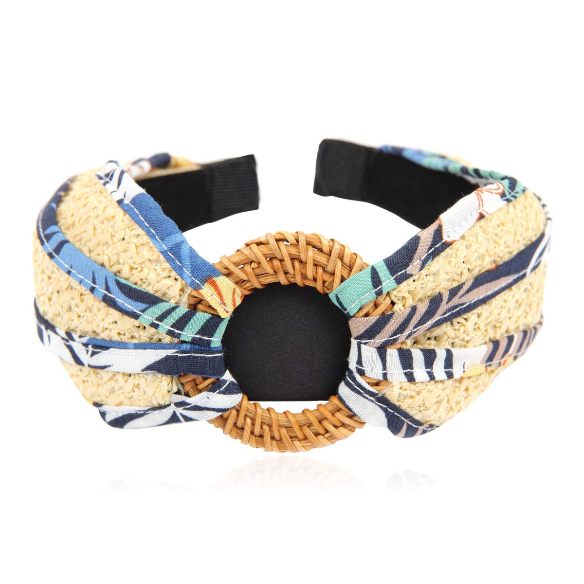 Fashion Headband Women's Hair Accessories - Acrylic Chain, Bohemian Rattan Straw, Girls Hairband (Top Ring - Raffia & Fabric Blue)