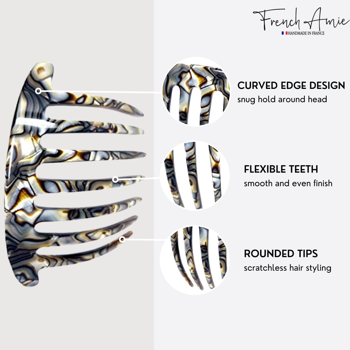 French Amie 7 Teeth Handmade Celluloid Side Hair Comb Flexible Durable Hair Combs Strong Hold Hair Clips for Women No Slip Styling Girls Paris Hair Accessories, Made in France (Silver Onyx Gray)