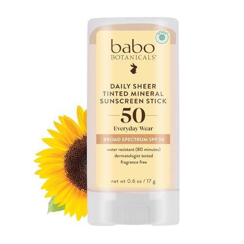 Babo Botanicals Daily Sheer Mineral Tinted Sunscreen Stick SPF 50 | Natural Zinc Oxide | Fragrance-Free, Water Resistant