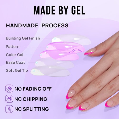 French Tip Press On Nails Almond - BTArtbox Hot Pink Short Stick On Nails for Women, Glue On Nails with Nail Glue in 16 Sizes - 32 Soft Gel Fake Nails Kit, Berry French