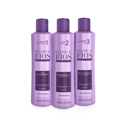 Plastica Dos Fios - Brazilian Keratin Hair Smoothing System | Anti-Residue Shampoo & Repair Mask Set (3x300 ML)