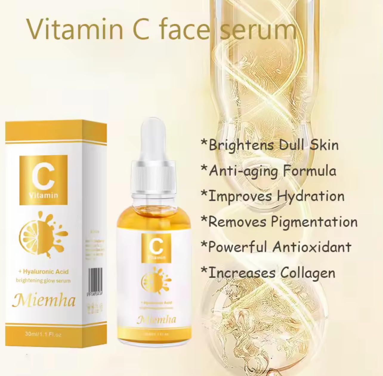 Skiennix Vitamin C Brightening Serum - Glow Enhancing Face Serum with Hyaluronic Acid, 1.1 Fl Oz