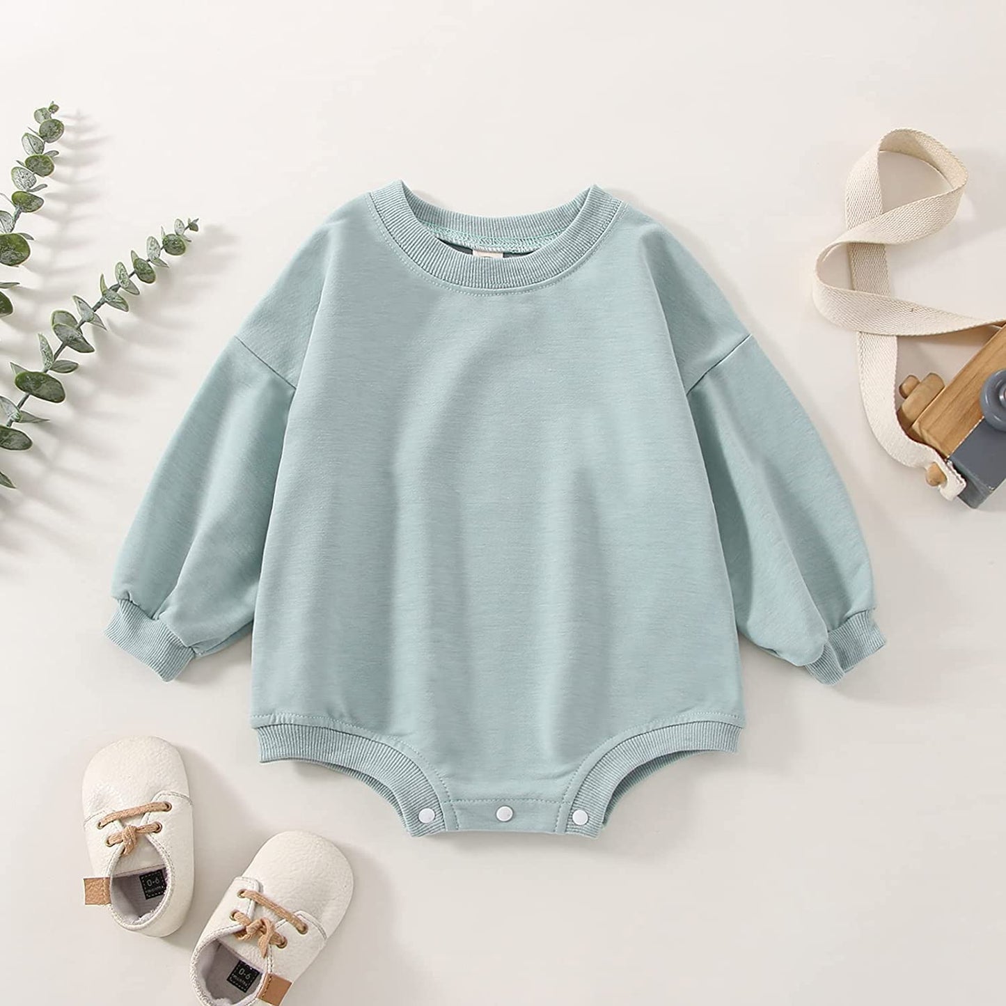 DOSYZTO Baby Boy Girl Fall Outfit Long Sleeve Bubble Romper Sweatshirt Top Solid Color Jumpsuit Infant Bodysuit Clothes (Solid Light Green Rompe,12-18 Months)