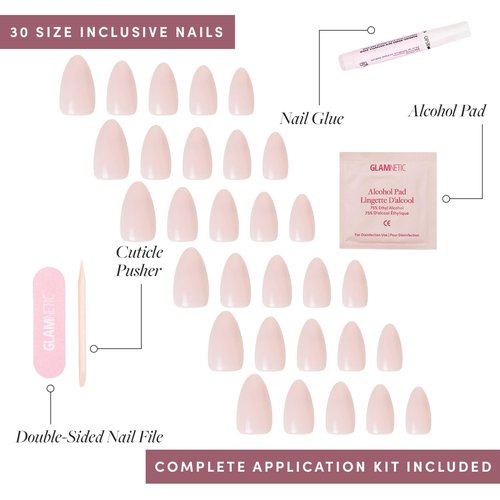 Glamnetic Press On Nails - Ballet Pink | Solid Opaque Light Blush Pink Short Almond Fake Nails, Salon Quality | 15 Sizes - 30 Nail Kit with Glue