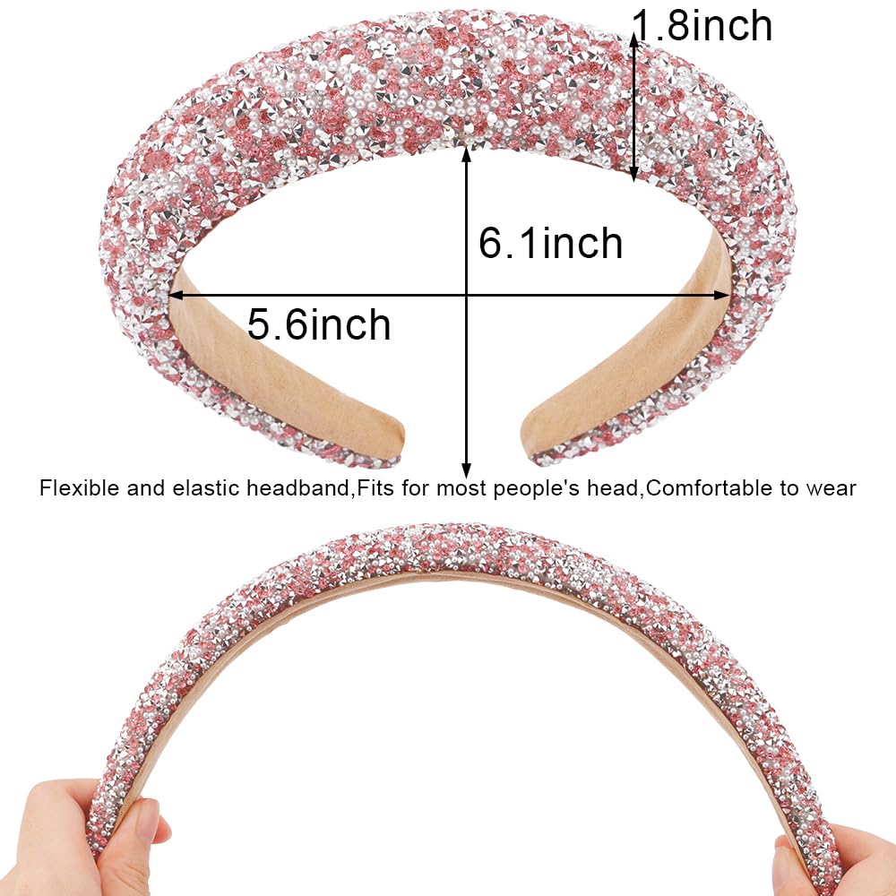 AHONEY 2 Pack Rhinestone Headband Women Girls Thick Padded Headband, Sequin Beaded Pearls Head Band Glitter Cute Headband Birthday Prom Hair Accessories For Women Girls (Pink&Red)