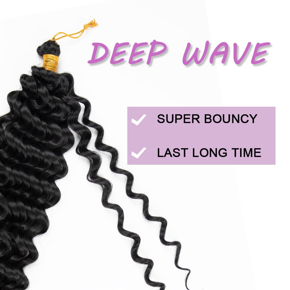 Ocean Wave Crochet Hair 22 Inch 2 Packs Deep Wave Crochet Hair Extensions For Black Women Synthetic Wave Crochet Braiding Hair Boho Box Braids (1B, 22inch, 2pack)