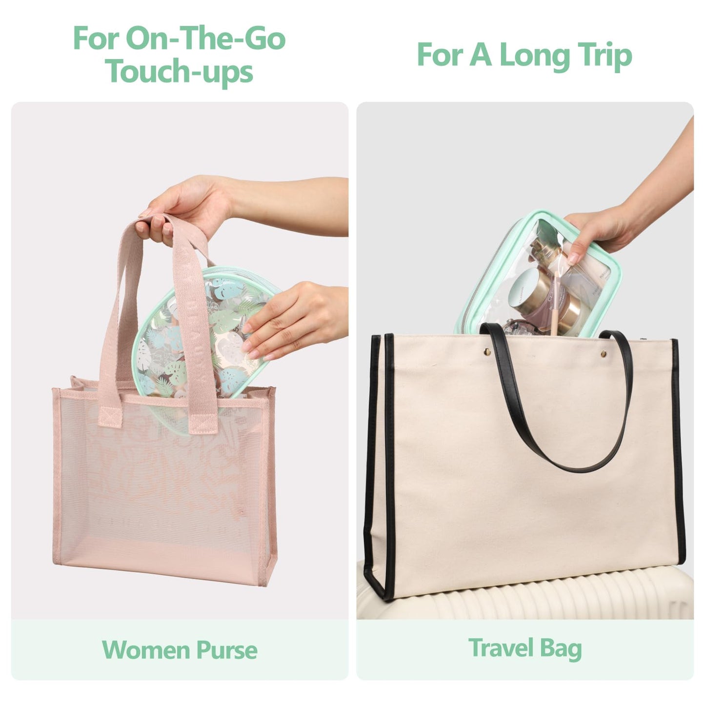 PACKISM TSA Approved Toiletry Bag - Light Green Turtle Leaves Print Clear Shell Bag and Upgrade Color-Edged Clear Toiletry Bags, Perfect for On the Go or Travel, Lightweight and Robust, 2 Pack