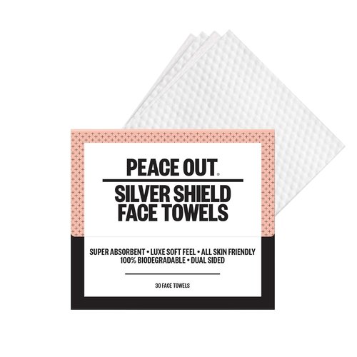 Peace Out Silver Shield Face Towels - Biodegradable, Super Absorbent, Dual-Sided, 30 Count for Sensitive Skin