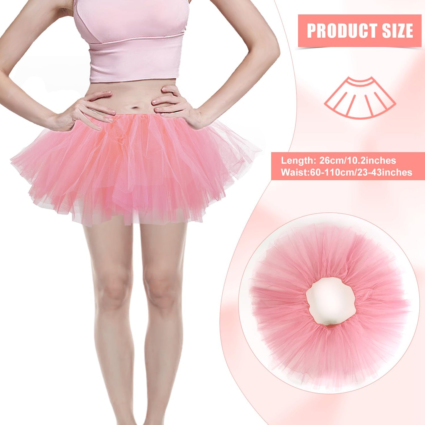 2pcs Tutu Skirts, 5 Layered Tulle Tutu Skirt Elastic Mini Tutu Skirt Layered Ballet Mesh Skirt Tutu Costume Tutu Dress for Women Dace Show Halloween Dress Up Party (Pink)