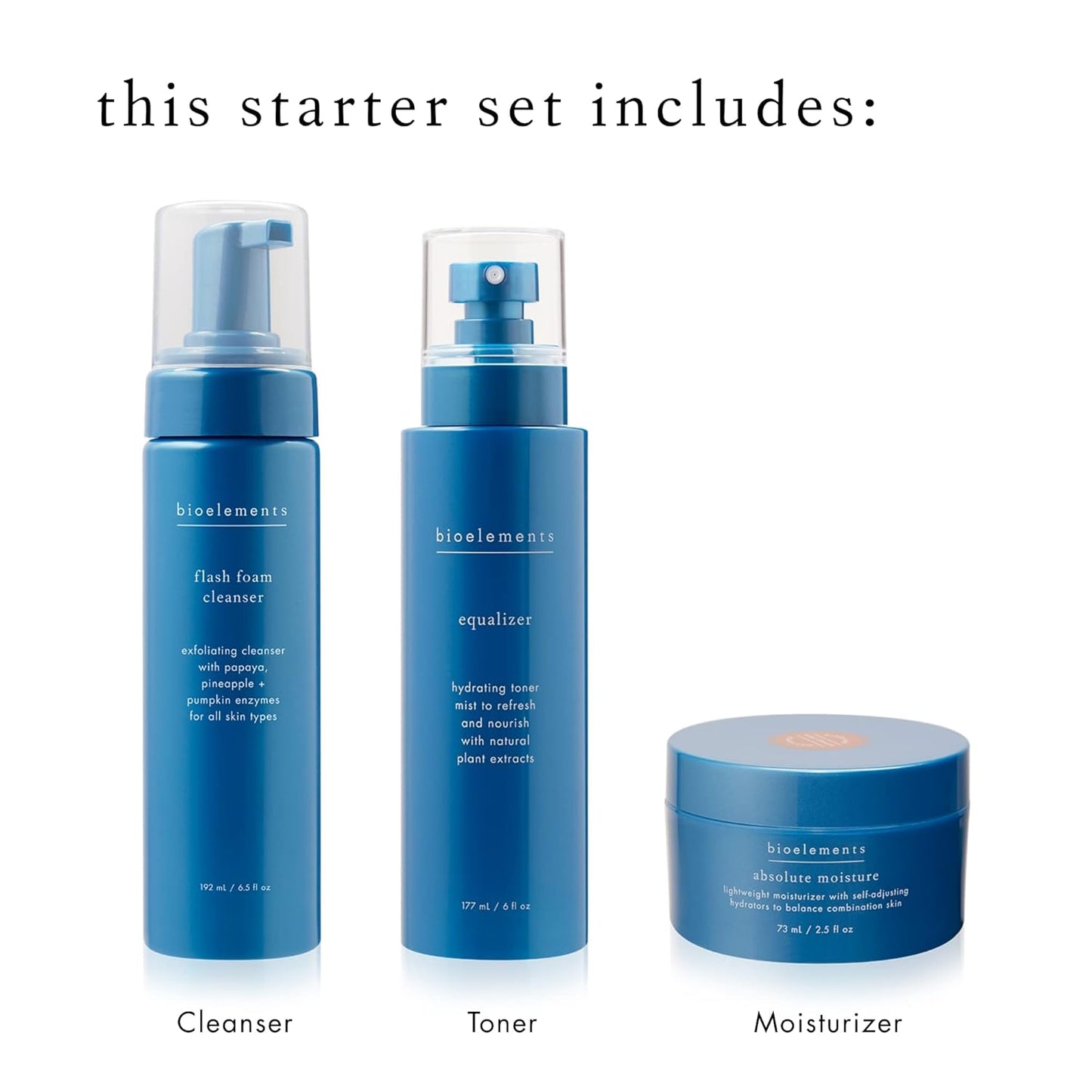 Bioelements 3-Step Starter Set for Combination Skin | Flash Foam Cleanser, Equalizer Toner & Absolute Moisture - Vegan & Cruelty-Free