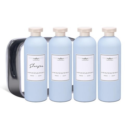 ASEVAT 13.5 oz Plastic Large Travel Shampoo and Conditioner Bottles, Green Squeeze Bottles for Shampoo, Plastic Travel Containers for Toiletries Leak Proof for Lotion, Cream and Liquids (4Pcs)