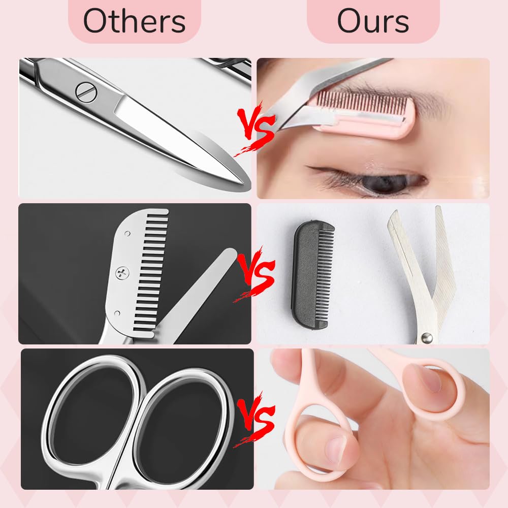 hoehew Eyebrow Trimmer Scissor, 2024 New Eyebrow Scissors with Comb Precision Eyebrow Trimming Scissors, Non-Slip Eyebrow Cutter Hair Removal Eyebrow Scissors Makeup Tool (3PC A)