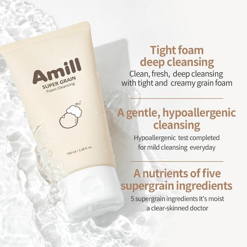 Amill Super Grain Foam Cleansing - Gentle Facial Cleanser with Multi-Grain Extracts | 100ml/3.39fl.oz for Soft, Hydrated Skin