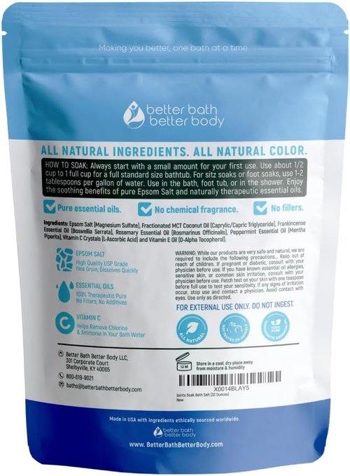 Joints Soak Bath Salt - 32 Ounces Epsom Salt with Rosemary, Frankincense & Peppermint Oils | Vitamin C Infused