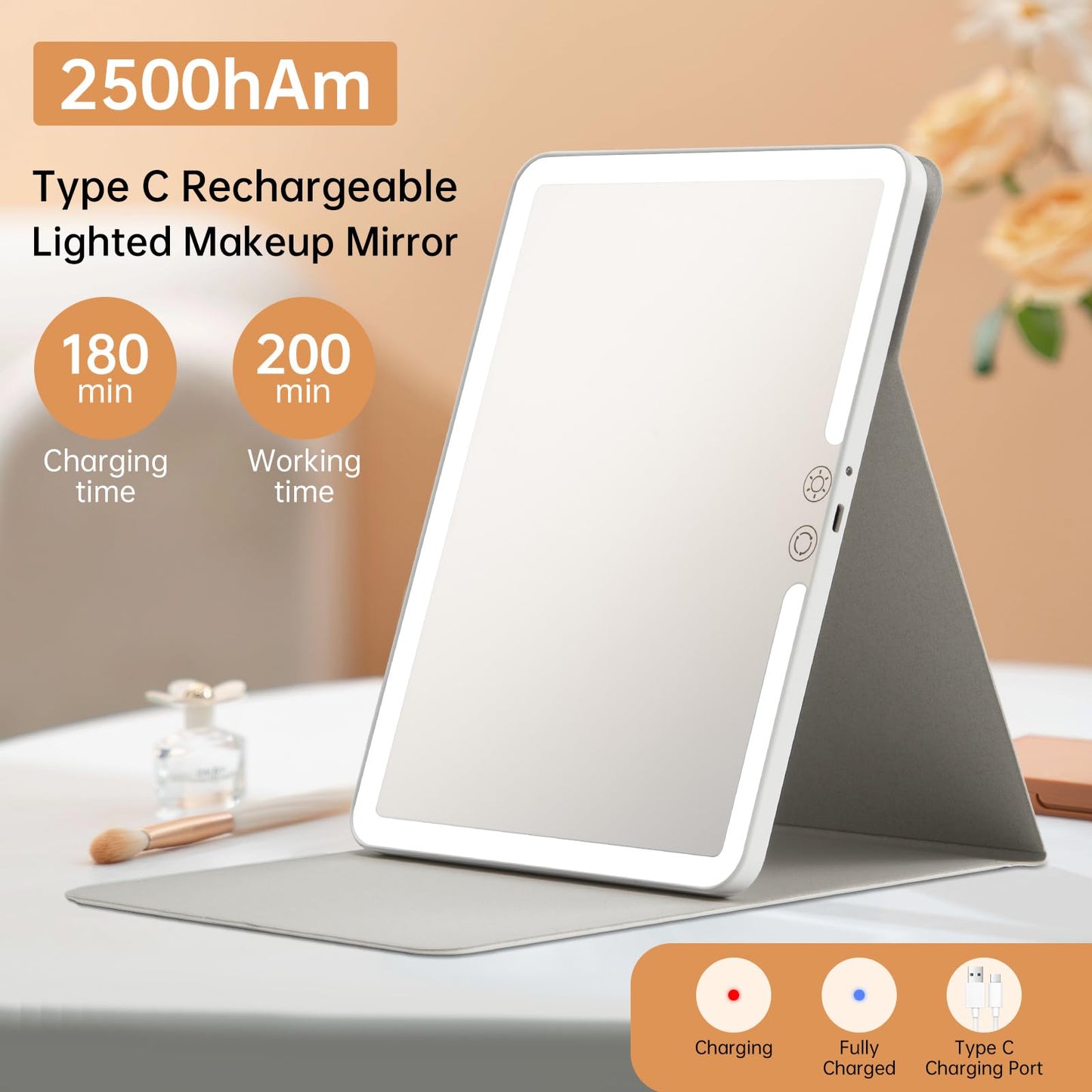FUNTOUCH 2500mAh Large Rechargeable Travel Makeup Mirror with Light, Portable Makeup Mirror with 10X Magnifying Mirror, 3 Lighting Modes, Tabletop Folding Travel Mirror with PU Leather Cover (White)