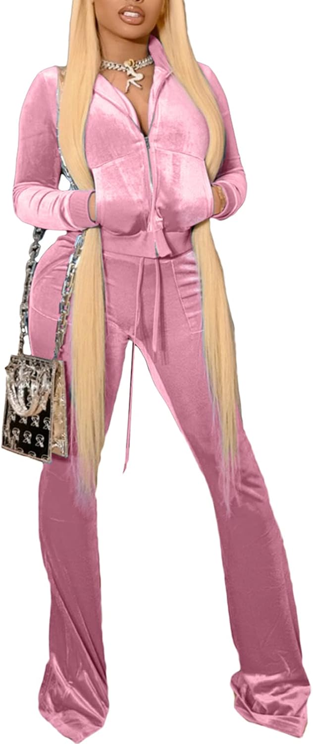Skiennix Two Piece Outfits for Women - Velour Tracksuit with Crop Top Zip Jacket & Flare Pants Set