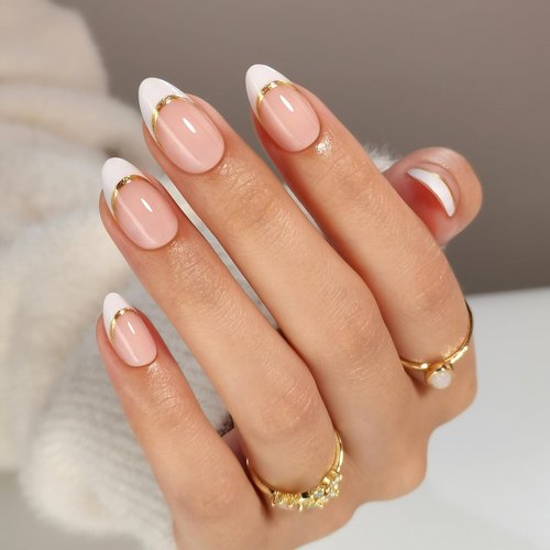 SHANGMENG White French Tip Press on Nails with Gold Line Design - Soft Gel Almond Press on Nails Short for Women, Glossy Glue on Nails with Glue in 16 Sizes - 32 Reusable Fake Nails, Gold Ribbon