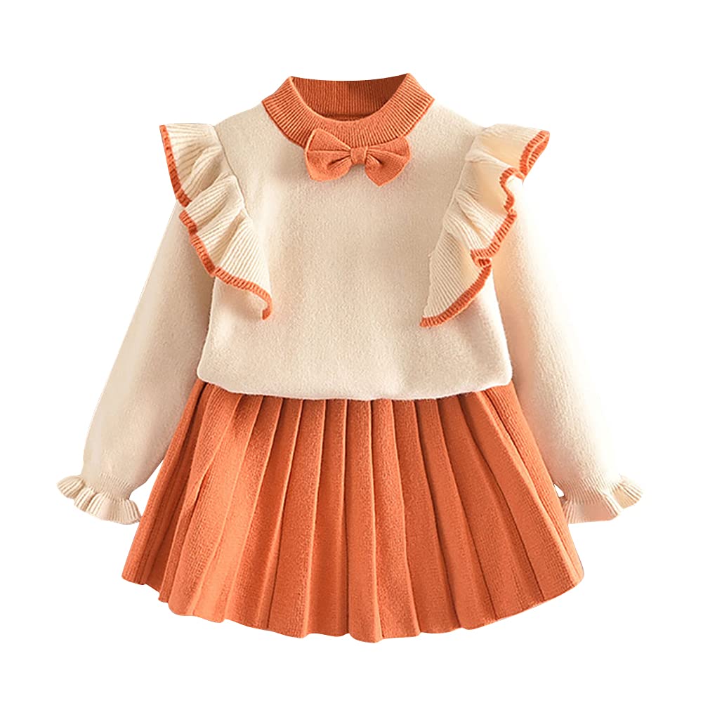 Toddler Baby Girls Autumn Winter Clothes Crochet Knitted Button up Long Sleeve Ruffle Bowknot Sweater Tops+Pleated Mini Tutu Skirt 2pcs Outfit Princess Dress up Costume for Kids Orange 3-4 Years