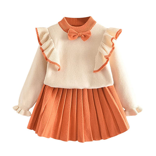 Toddler Baby Girls Autumn Winter Clothes Crochet Knitted Button up Long Sleeve Ruffle Bowknot Sweater Tops+Pleated Mini Tutu Skirt 2pcs Outfit Princess Dress up Costume for Kids Orange 18-24 Months