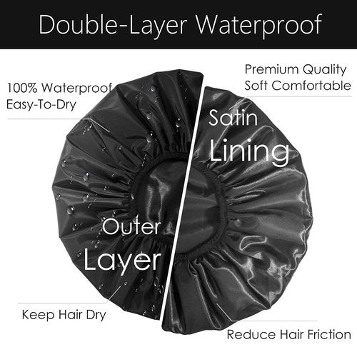 Auban Extra Large Shower Cap - Double-Layer Waterproof Bonnet for Thick, Long Hair | Black Satin Lining
