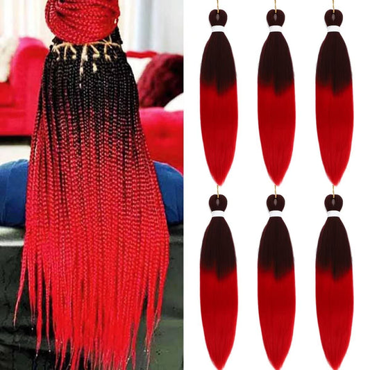 Ombre Red Braiding Hair Pre Stretched Black to Red EZ Braiding Hair 6 Packs/Lot 26 Inches Yaki Texture Braiding Hair Hot Water Setting Synthetic Fiber for Crochet Hair Extensions (Ombre Red)