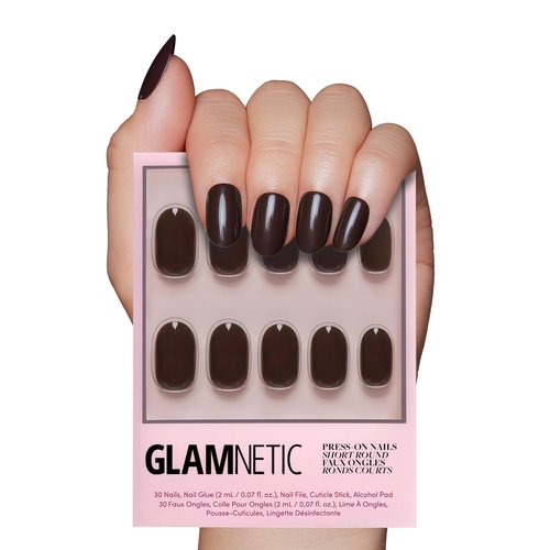 Glamnetic Press On Nails - Bark Brown | Opaque Dark Brown Short Round Fake Nails, Salon Quality | 12 Sizes - 30 Nail Kit
