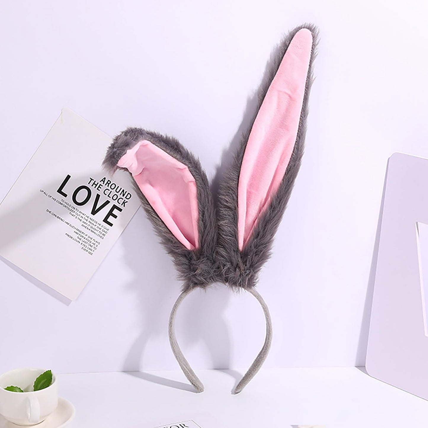 FunSpt Easter Bunny Rabbit Ears Plush Headband Halloween Costume for Aldult Gray