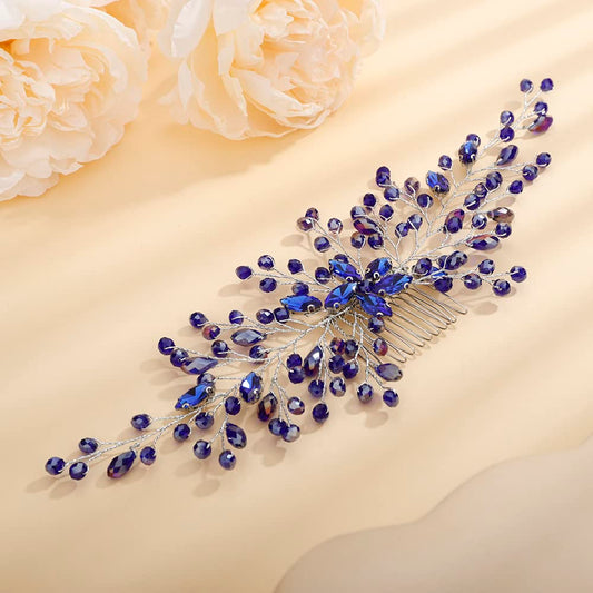 Teyglen Blue Rhinestone Headpiece Flower Wedding Hair Comb Headband Bridal Crystal Hair Pieces Hair Accessories Shiny Crystal Hair Side Comb for Women Bride Girls (Blue)