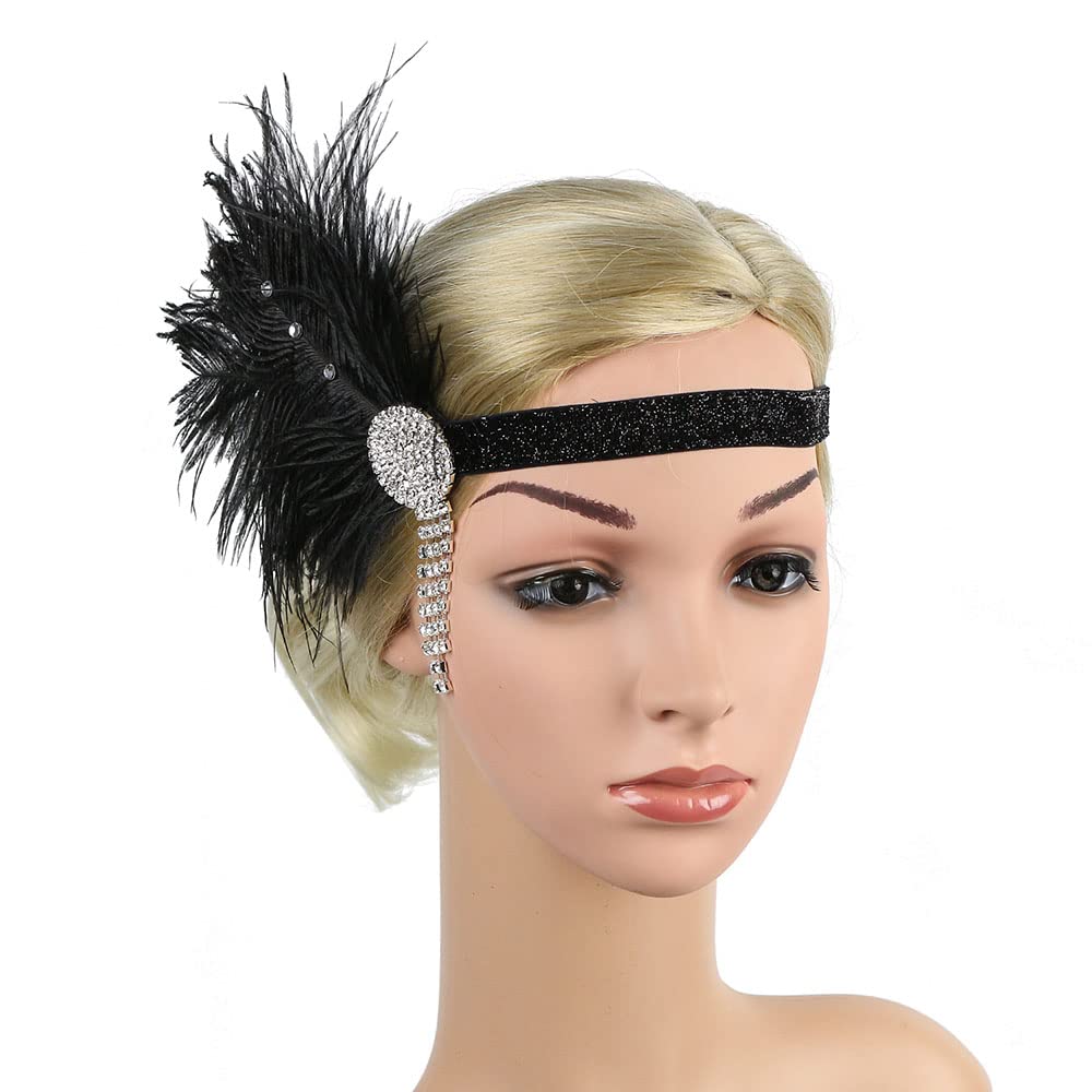 STIOEDYUAN 1920s Flapper Headband Hair Accessories For Women Roaring 20s Feather Headpiece Hair Band Vintage Gatsby Party Rhinestone (Black+White)