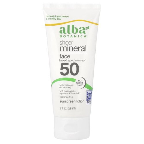 Alba Botanica Sunscreen - Fragrance-Free Sheer Mineral Lotion with SPF 50 | 2 fl. oz. Biodegradable Bottle