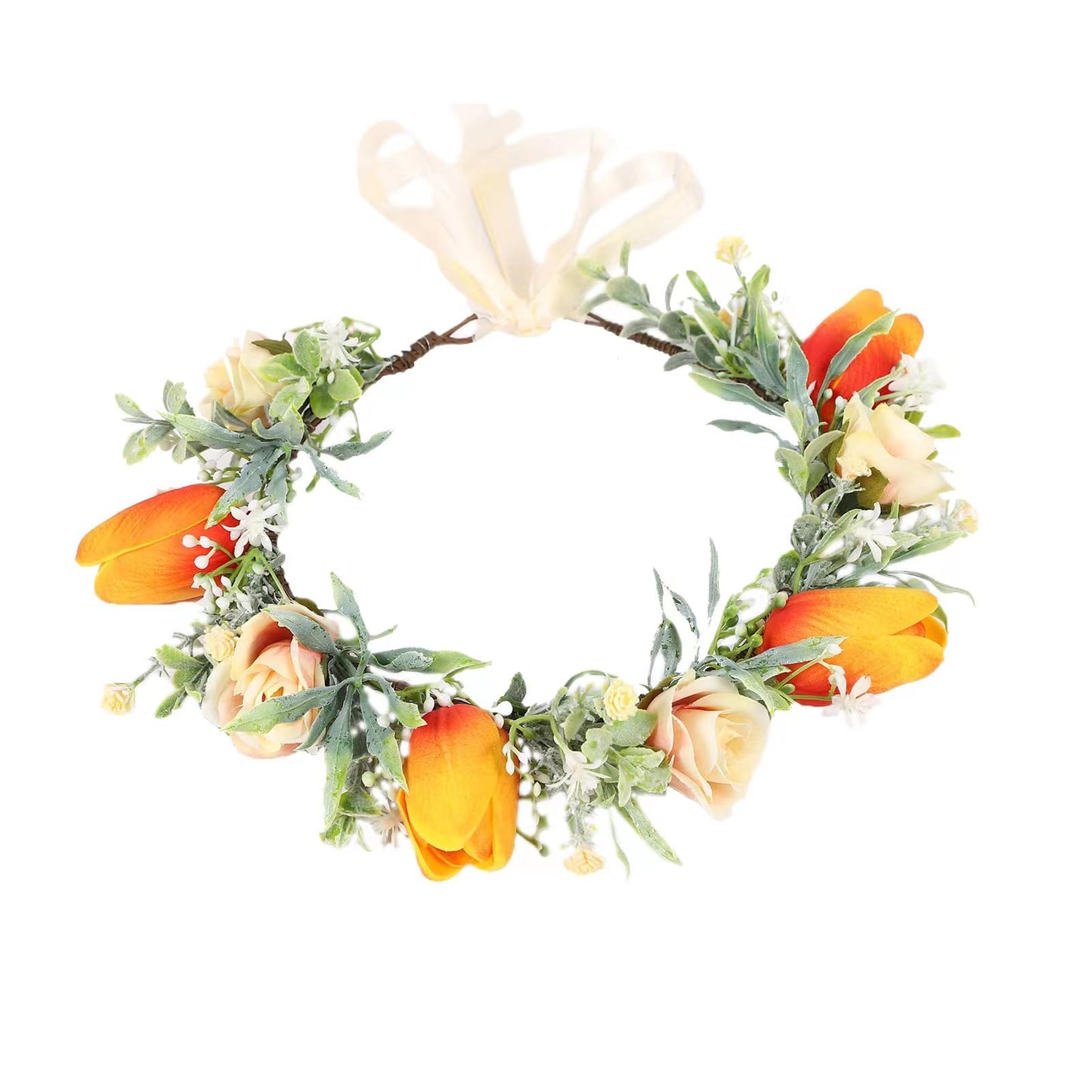 Vivivalue Women Floral Crown Flower Garland Headband Hair Wreath Floral Headpiece Halo Boho with Ribbon Wedding Party Festival Photos