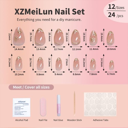 XZMeiLun Short Almond Press on Nails with French Tip & 3D Gold Line Star Design, Glossy Full Cover Acrylic False Nails with Glue, Reusable Stick - Glue on Fake Nails for Women- Fall Nail Art Gift